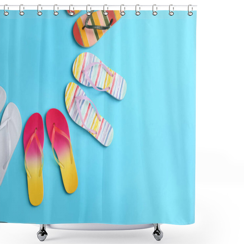 Personality  Flat Lay Composition With Different Flip Flops On Blue Background, Space For Text. Summer Beach Accessories Shower Curtains