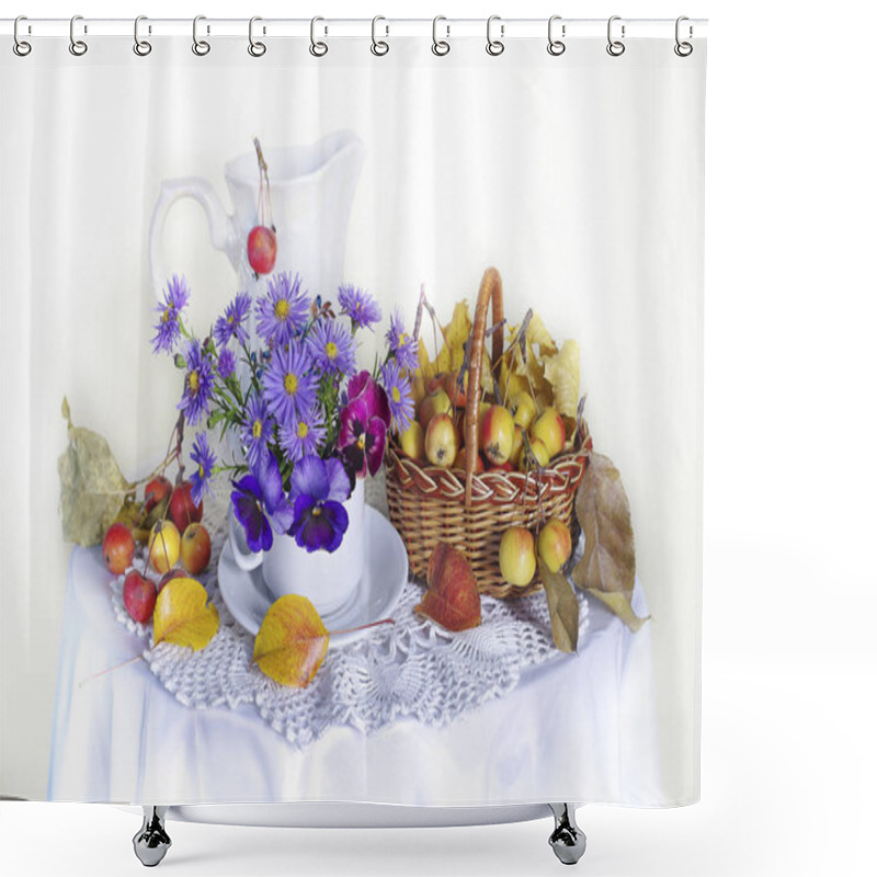 Personality  Still Life With A Bouquet Of Blue Daisies, Pansies In A Vase, Ripe Apples In A Basket On A White Background. Shower Curtains