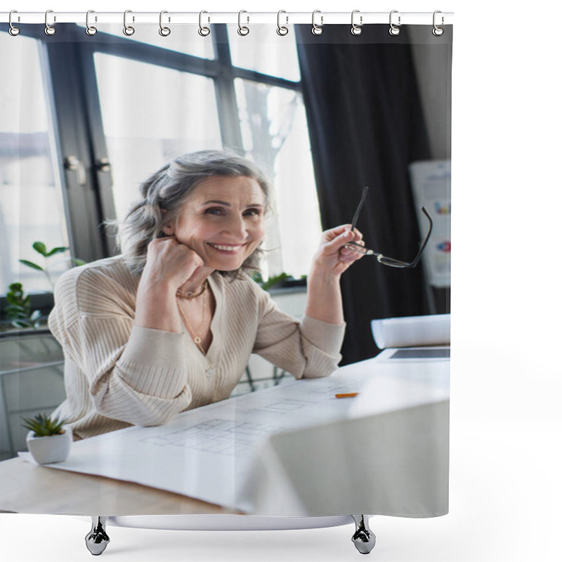 Personality  Happy Businesswoman Holding Eyeglasses And Looking At Camera Near Blueprint In Office  Shower Curtains