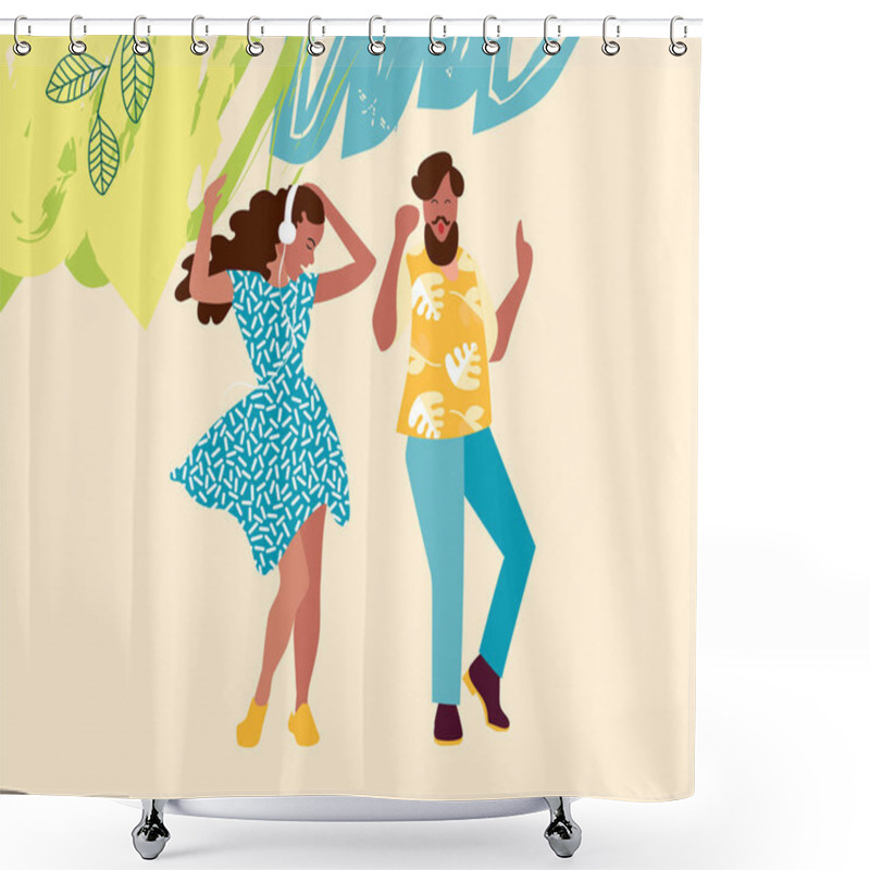 Personality  Dancing Young People. A Man And A Woman Dance And Move To The Music At A Party, Festival Or Carnival. Joyful Emotions. Vector Illustration Shower Curtains