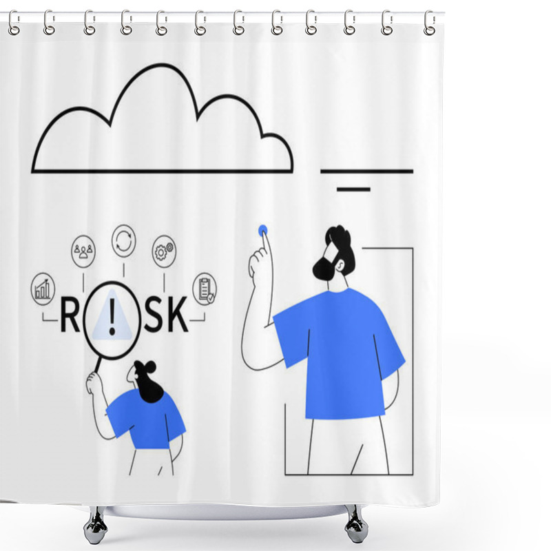 Personality  Man Holding A Magnifying Glass To Inspect The Word RISK Surrounded By Icons, Symbolizing Analysis And Decision-making. Another Man Interacts With A Floating Element. Ideal For Risk Management Shower Curtains