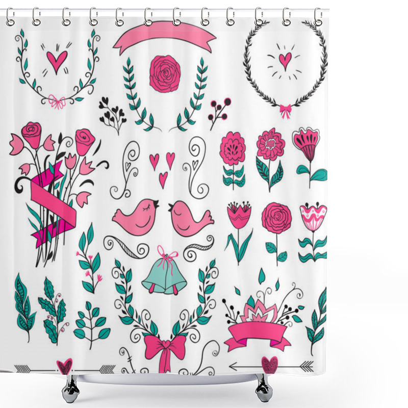 Personality  Romantic Graphic Set, Arrows, Hearts, Birds, Bells, Rings, Laurel, Wreaths, Ribbons And Bows. Shower Curtains