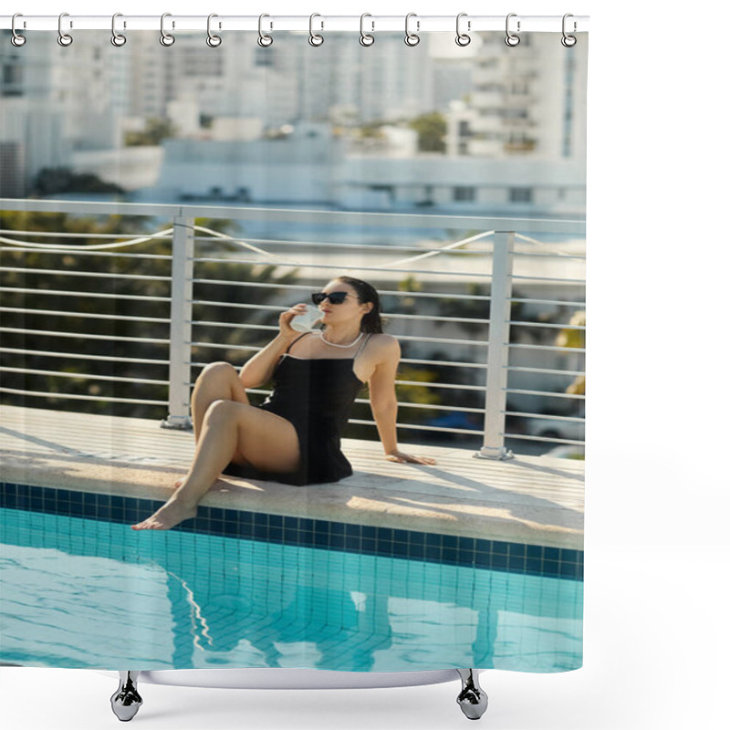 Personality  A Stylish Young Woman In A Black Slip Dress Enjoys A Sunny Day By The Pool, Taking In The Miami Skyline. Shower Curtains