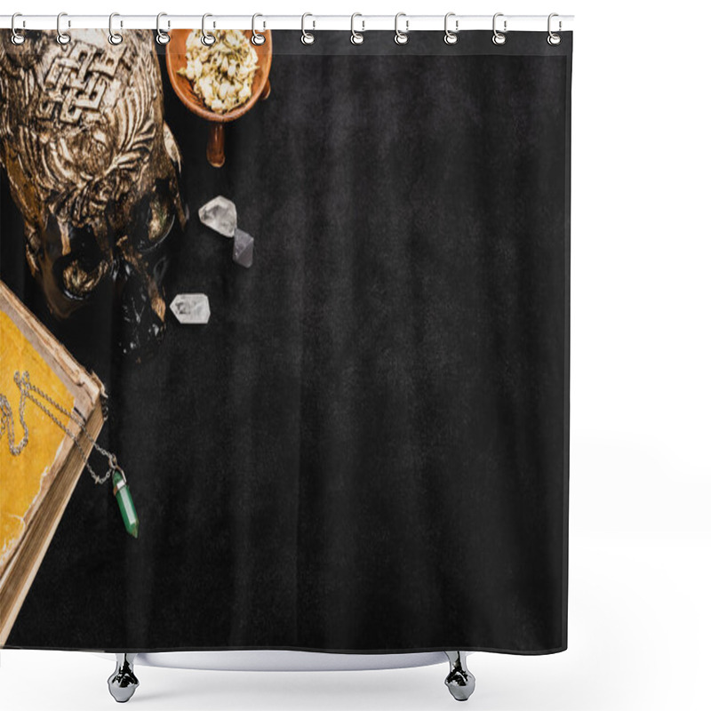 Personality  Top View Of Dried Herb In Bowl Near Occult Voodoo Skull And Crystals On Black Shower Curtains