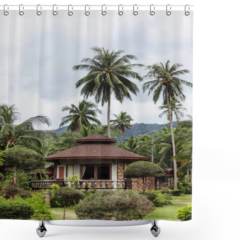 Personality  Landscape With Bungalow In Green Palm Forest Shower Curtains