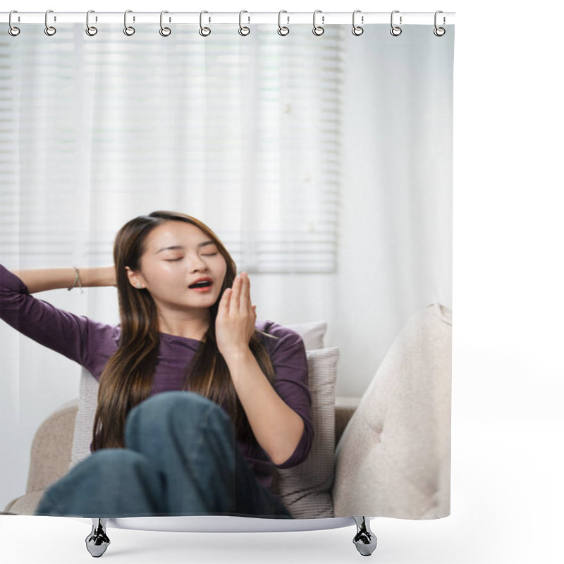 Personality  Relaxed Serene Pretty Young Woman Feel Fatigue Lounge On Comfortable Sofa. Finally Weekends. Asian Girl Serene  Relaxing On Sofa At Home Stretching Body Muscles Raises Her Arms. Shower Curtains