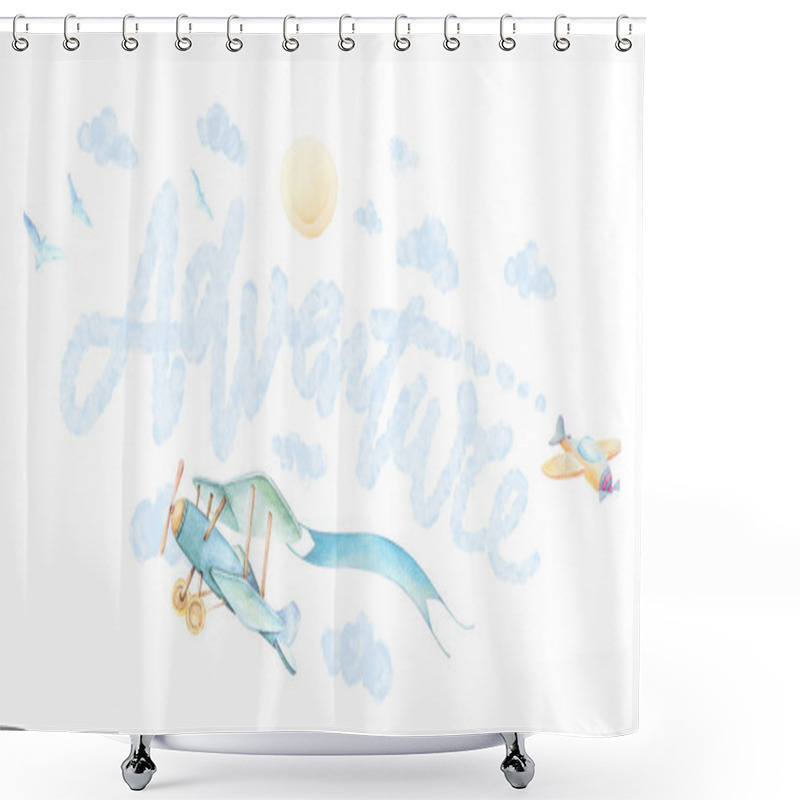 Personality  Adventure Time Nursery Wall Art. Airplanes Fly In Sky. Sun, Blue Clouds, Balloons, Birds. White Background. Baby Shower Boy. Watercolor. Isolated Pre-made Composition. Big Size. Print Quality Shower Curtains