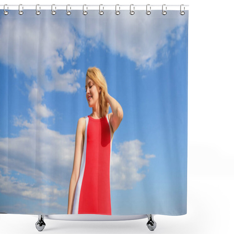 Personality  Woman Red Dress Feels Carefree And Free. Definition Of Female Freedom. Satisfied With Single Life. Key To Being Happy. Girl Blonde Lady Smiling Enjoy Freedom And Fresh Air Wind Blue Sky Background Shower Curtains