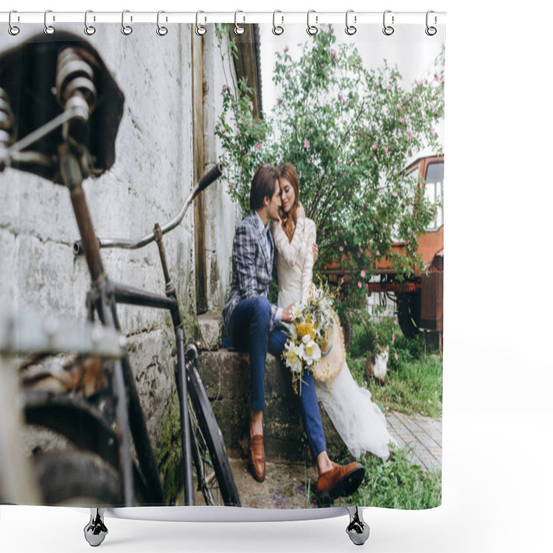 Personality  A Beautiful Young Couple Bride And Groom With A Bicycle Near Old Shower Curtains