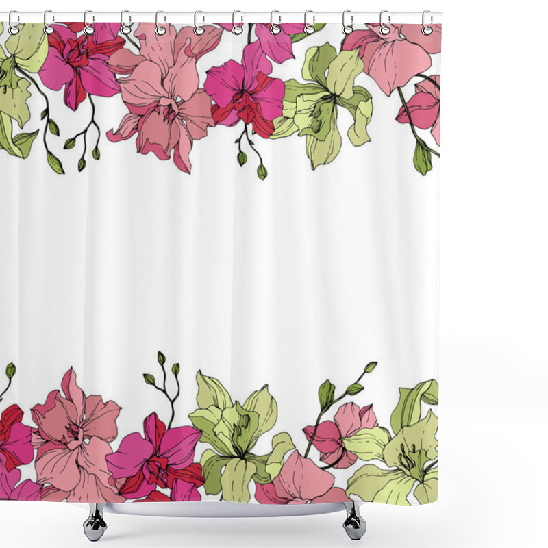 Personality  Beautiful Pink And Yellow Orchid Flowers. Engraved Ink Art. Floral Borders On White Background. Shower Curtains