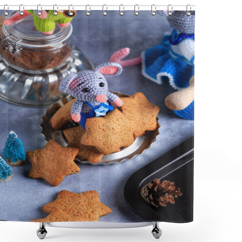 Personality  Knitted Mouse Family Is Cooking Cookies. Year Of Rat. Symbol Of 2020. Shower Curtains