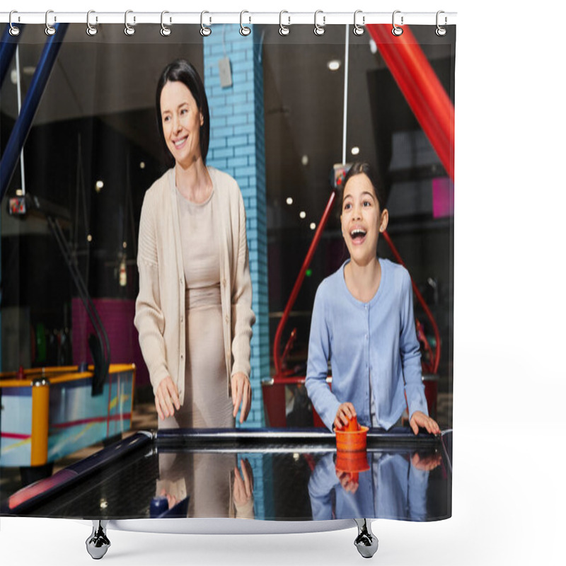 Personality  A Mother And Her Daughter Joyfully Playing Air Hockey In An Arcade During A Fun Weekend Outing At The Mall. Shower Curtains