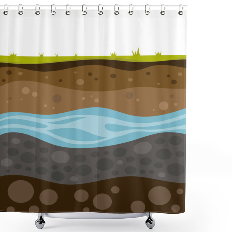 Personality  Vector Illustration Of Layers Of Soil, Geological Layers Of Earth, Groundwater, Gravel, Loam, Clay, Top Layers With Grass, Flat Style Shower Curtains