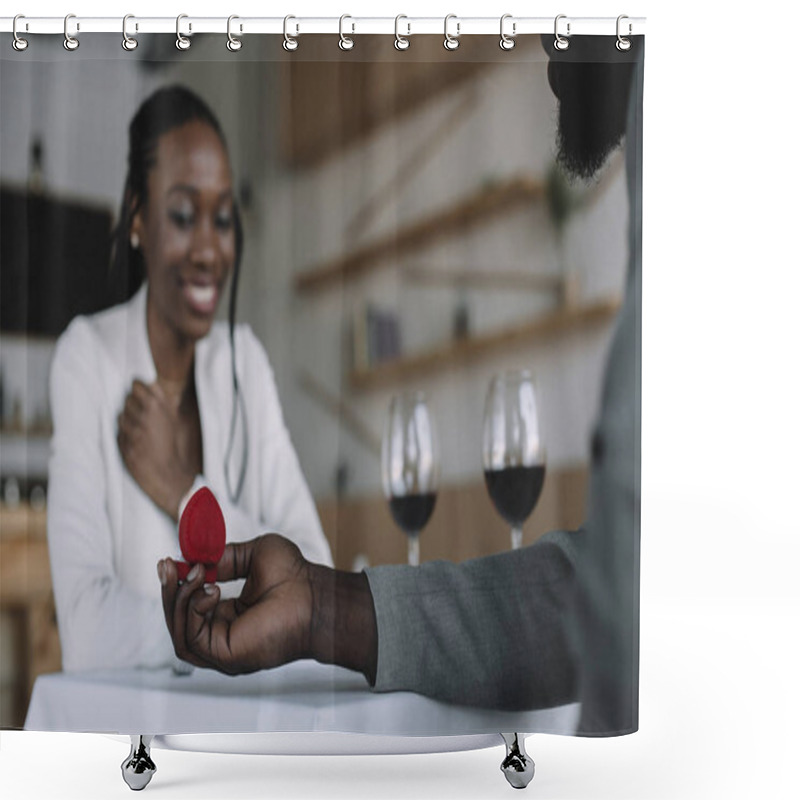 Personality  Partial View Of African American Man Proposing To Girlfriend During Romantic Date In Restaurant Shower Curtains