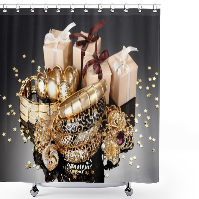 Personality  Beautiful Golden Jewelry And Gifts On Grey Background Shower Curtains