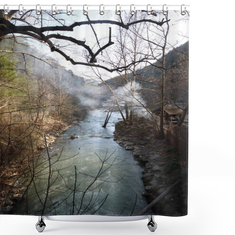 Personality  A Picturesque Landscape Featuring A River, Flanked By Trees And Various Plants Along Its Banks Shower Curtains