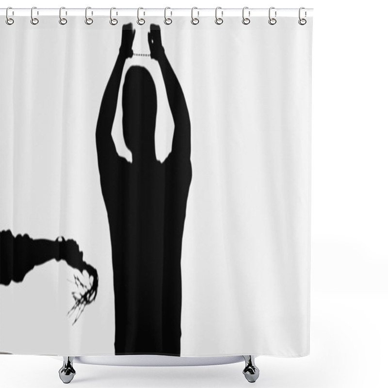 Personality  Black Silhouette Of Man In Handcuffs Near Woman With Flogging Whip Isolated On White Shower Curtains