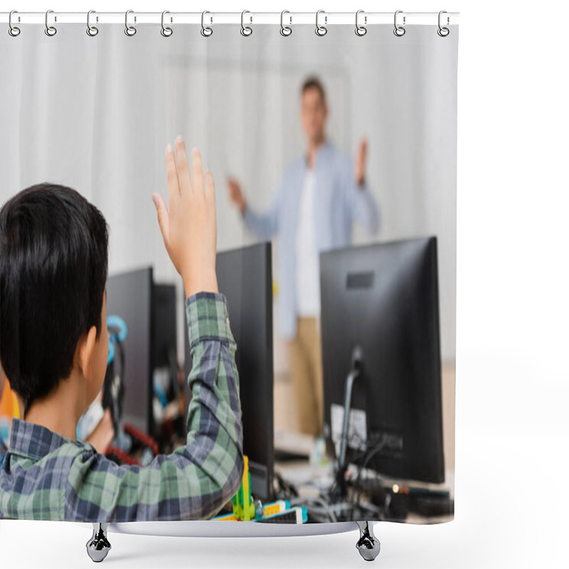 Personality  Selective Focus Of Schoolboy With Raised Hand Sitting Near Robot And Computers During Lesson In Stem School Shower Curtains