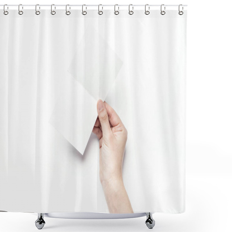 Personality  Holding A White Postcard. Shower Curtains