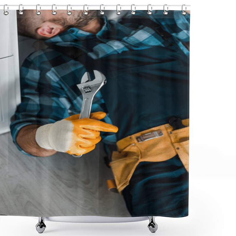 Personality  Cropped View Of Bearded Worker Holding Adjustable Wrench While Working In Kitchen  Shower Curtains