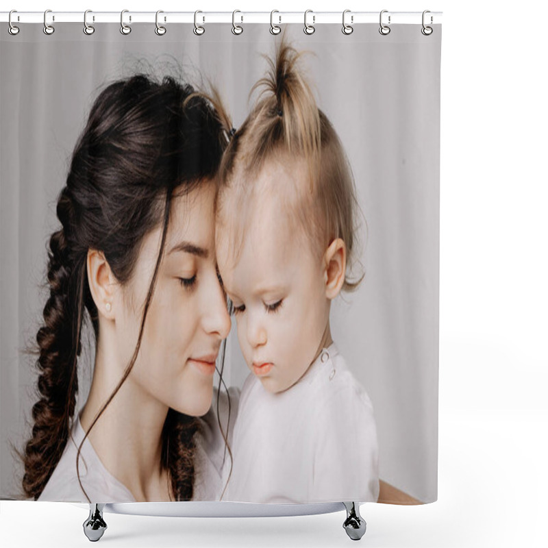 Personality  Happy Mother And Daughter On Shooting In The Studio On A White Background Shower Curtains