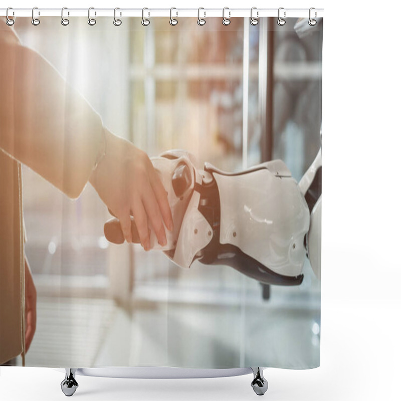 Personality  Cropped View Of Businessman And Robot Shaking Hands Shower Curtains