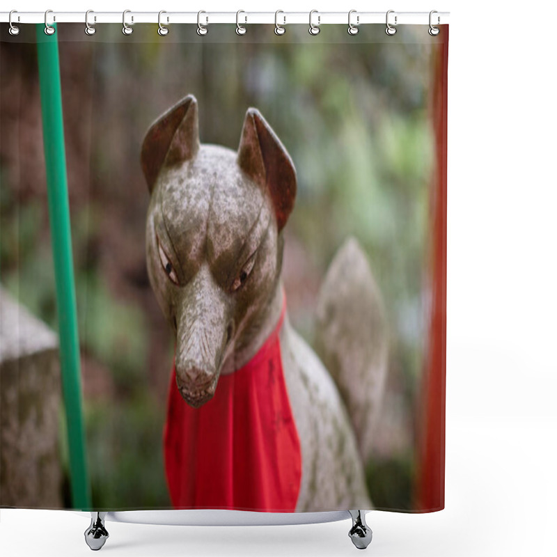 Personality  Kitsune Statue At Sasuke Inari Shrine, Shinto Shrine In Kamakura And The Site Of The Hidden Village Of Kamakura. Kitsune In The Literal Sense Is The Japanese Word For Fox. Shower Curtains