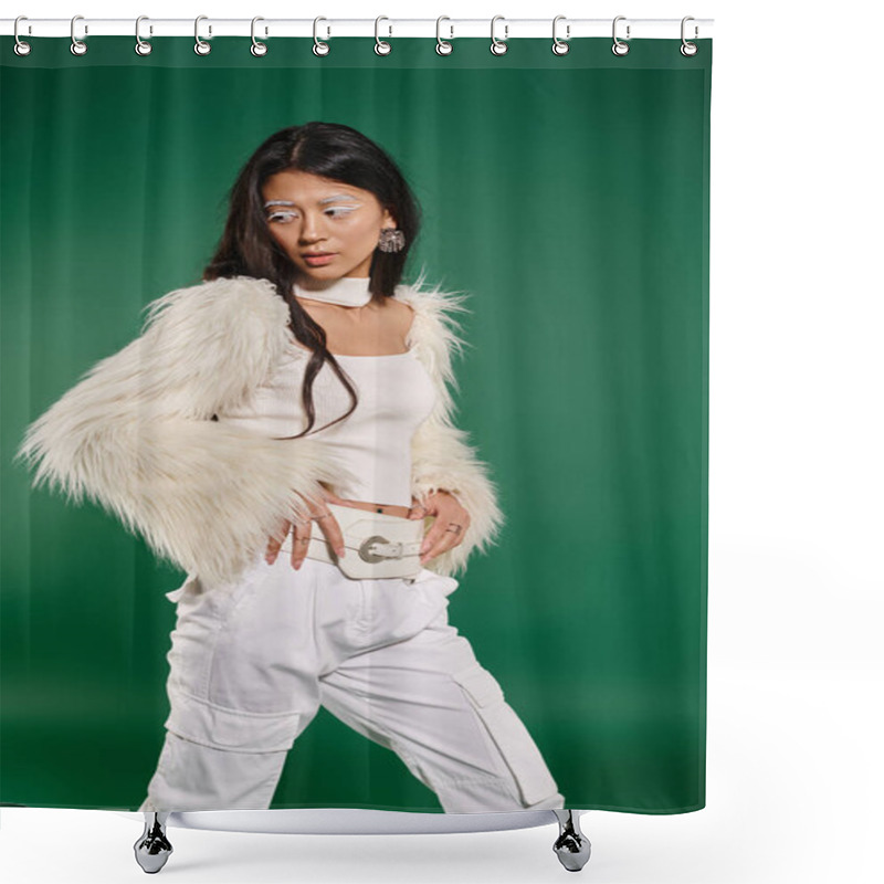 Personality  Asian Brunette Woman In Total White Outfit And Makeup Posing On Green Backdrop, Winter Fashion Shower Curtains