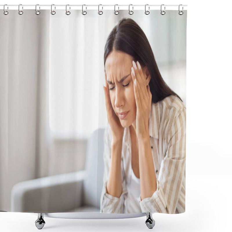 Personality  Headache Concept. Young Stressed Woman Suffering From Migraine At Home, Sick Millennial Female Rubbing Temples While Sitting On Couch In Living Room, Feeling Unwell, Having Acute Pain, Closeup Shot Shower Curtains