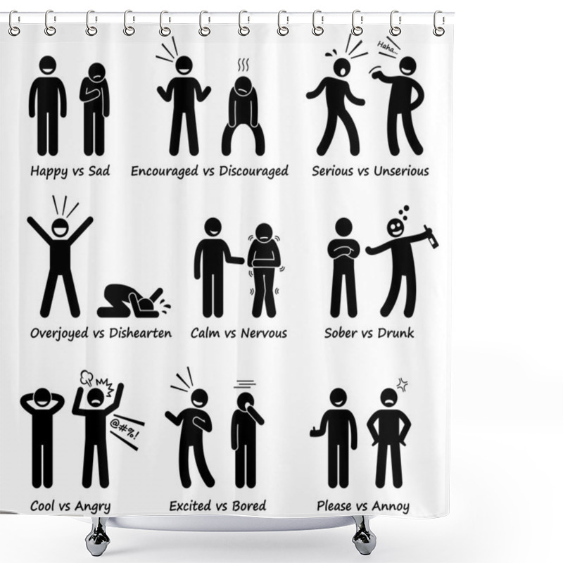 Personality  Opposite Feeling Emotions Positive Vs Negative Actions Stick Figure Pictogram Icons Shower Curtains