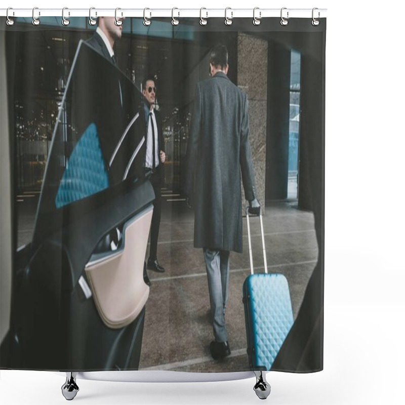 Personality  Businessman Going With Blue Bag On Wheels To Airport   Shower Curtains