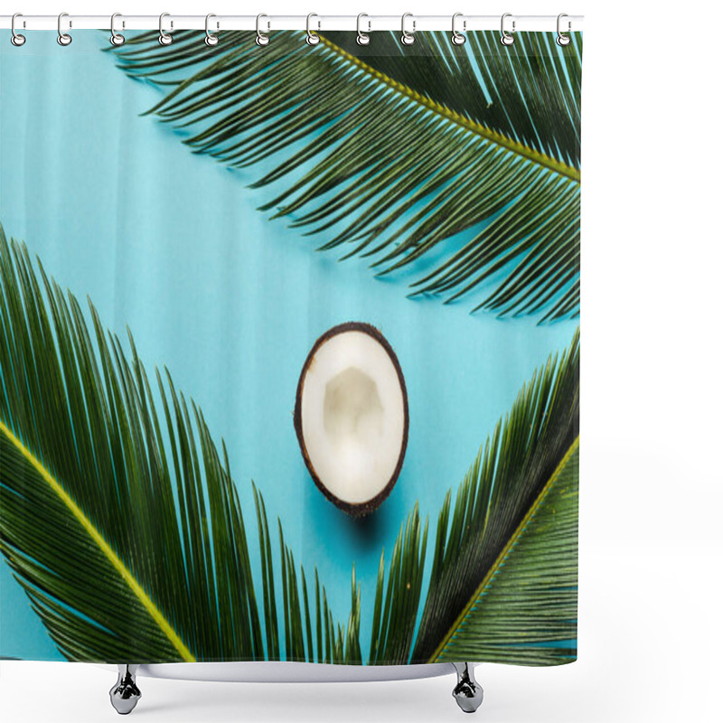 Personality  Top View Of Green Palm Leaves And Coconut Half On Blue Background Shower Curtains