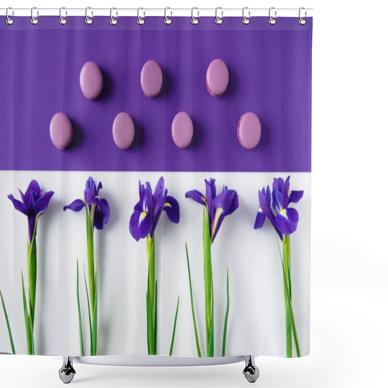 Personality  Flat Lay Composition Of Iris Flowers With Delicious Macaron Cookies On Purple And White Surface Shower Curtains