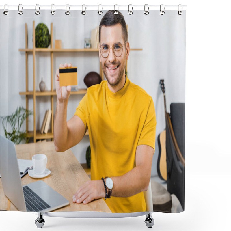 Personality  Cheerful Man Holding Credit Card And Smiling Near Laptop  Shower Curtains