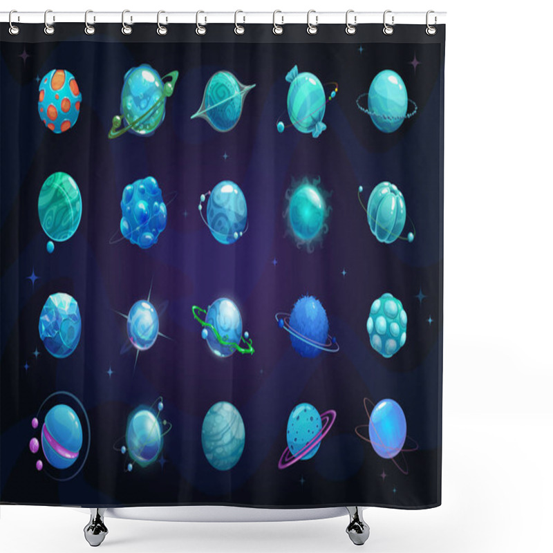 Personality  Cartoon Blue Planets Set. Funny Fantasy Planet On Cosmic Background. Shower Curtains