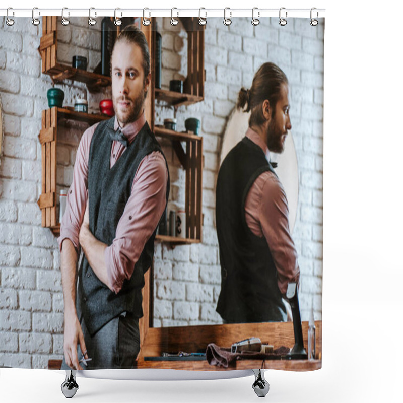 Personality  Handsome Barber Holding Scissors And Looking At Camera  Shower Curtains