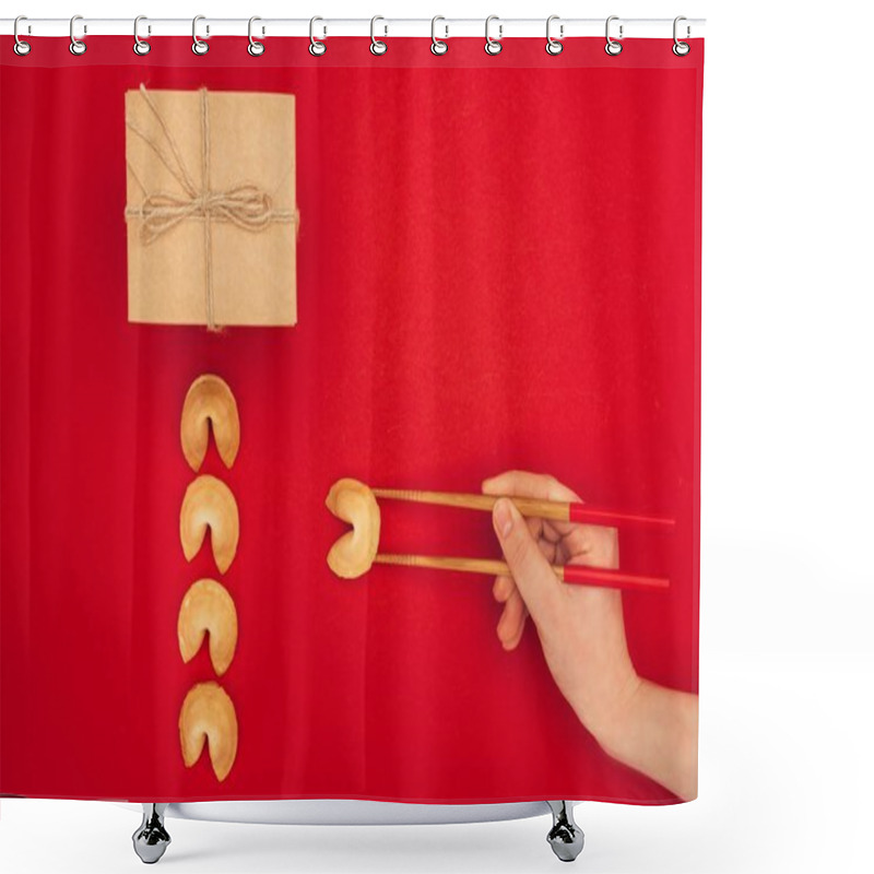 Personality  Cropped Shot Of Woman Taking Chinese Fortune Cookie With Chopsticks, Chinese New Year Concept Shower Curtains