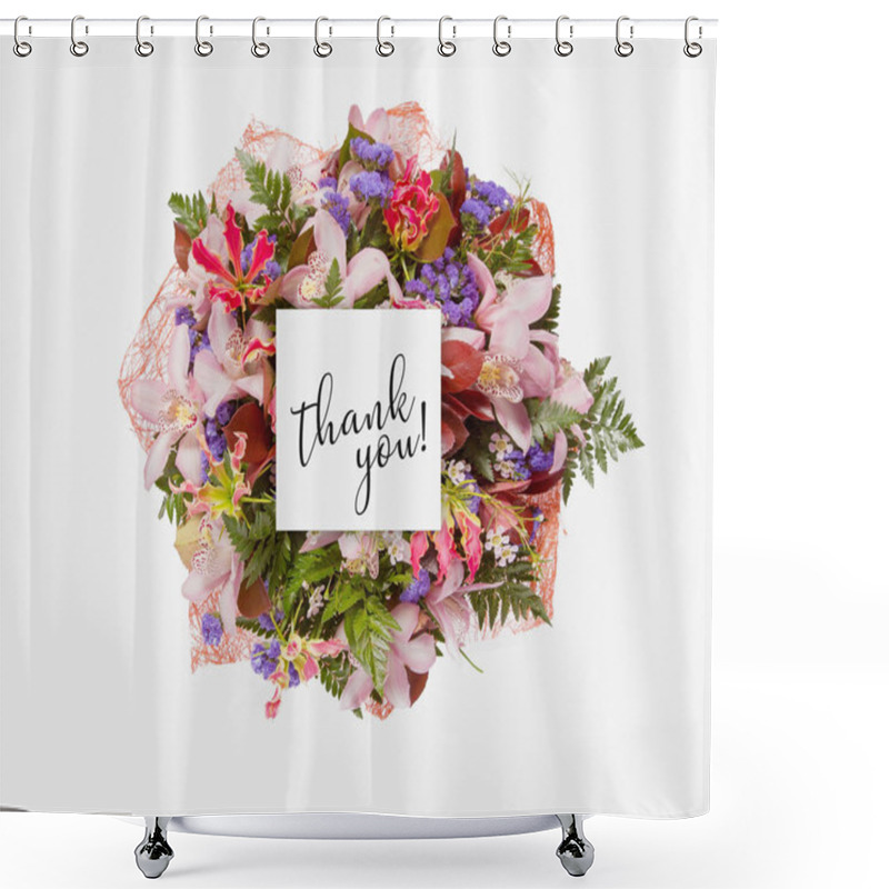 Personality  Fresh Flowers Bunch And Card With Words Thank You Written On It Shower Curtains