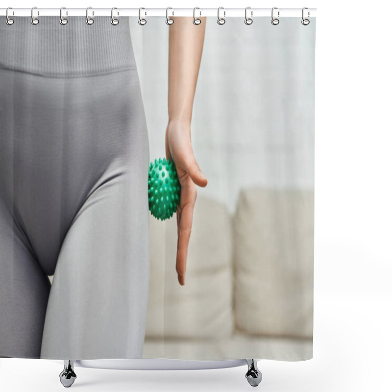 Personality  Cropped View Of Young Woman In Sportswear Massaging Hip With Manual Massage Ball In Blurred Living Room, Body Relaxation And Holistic Wellness Practices, Tension Relief Shower Curtains