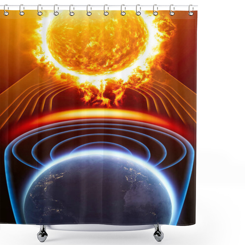 Personality  Sun And Solar Storm, Earth's Magnetic Field, Earth And Solar Wind, Flow Of Particles. 3d Rendering Shower Curtains