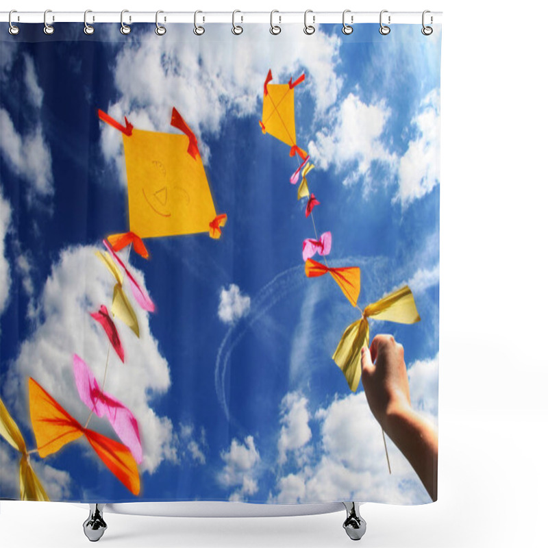 Personality  Kite Flying In The Sky Shower Curtains