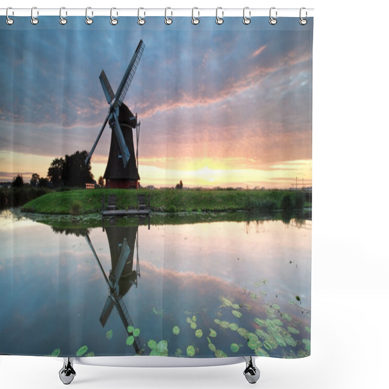 Personality  Sunrise On Dutch Farmland With Windmill Shower Curtains