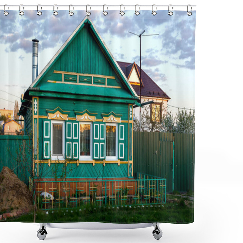 Personality  Facade Of An Old Wooden House In A Russian Village With Carved Windows And Shutters Built In The National Russian Style Shower Curtains