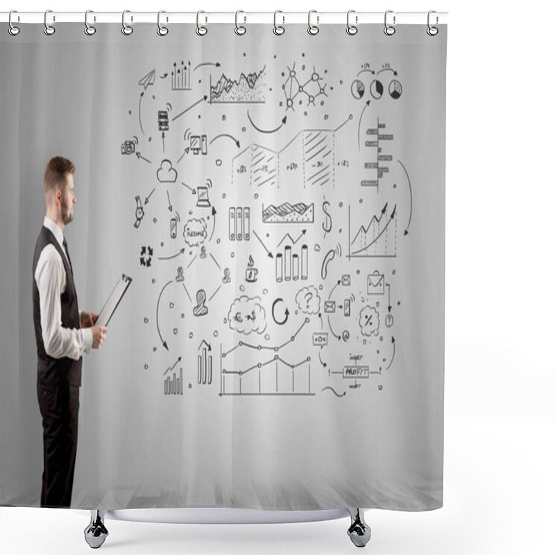 Personality  Man Thinking With Office Stuffs Concept Shower Curtains