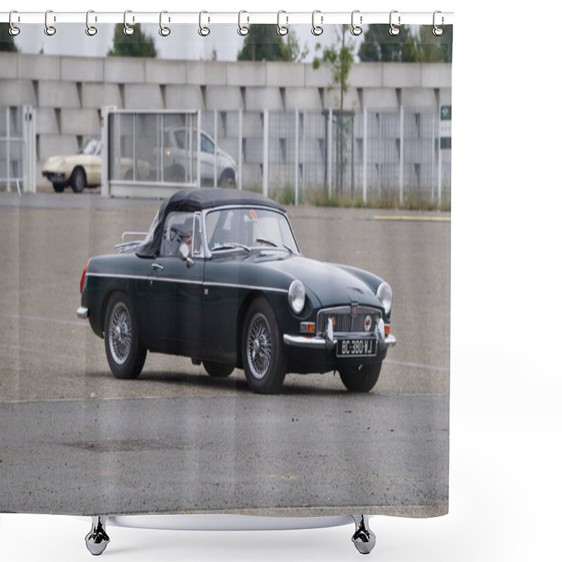 Personality  Aussonne, France - Sept. 6, 2024 - An Old MG MGB (or MGC) Driving During The Auto Moto Classic Car Show At MEET Exhibition Center; This Roadster Was Produced By British Motor Corporation From 60-80s Shower Curtains