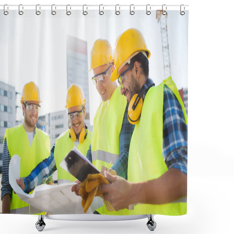 Personality  Group Of Builders With Tablet Pc And Blueprint Shower Curtains