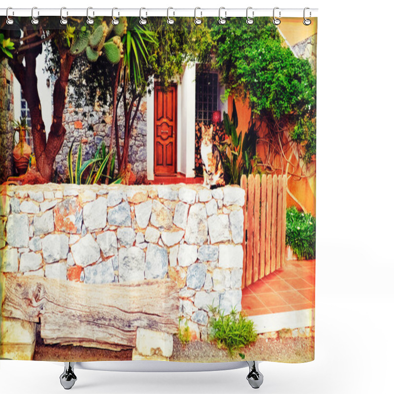 Personality  Facade Of The Building In Rural Crete, Greece Shower Curtains