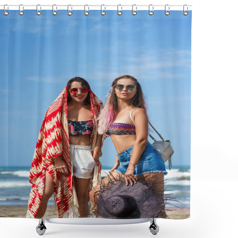 Personality  Happy Young Women In Bikini And Sunglasses On Beach Shower Curtains