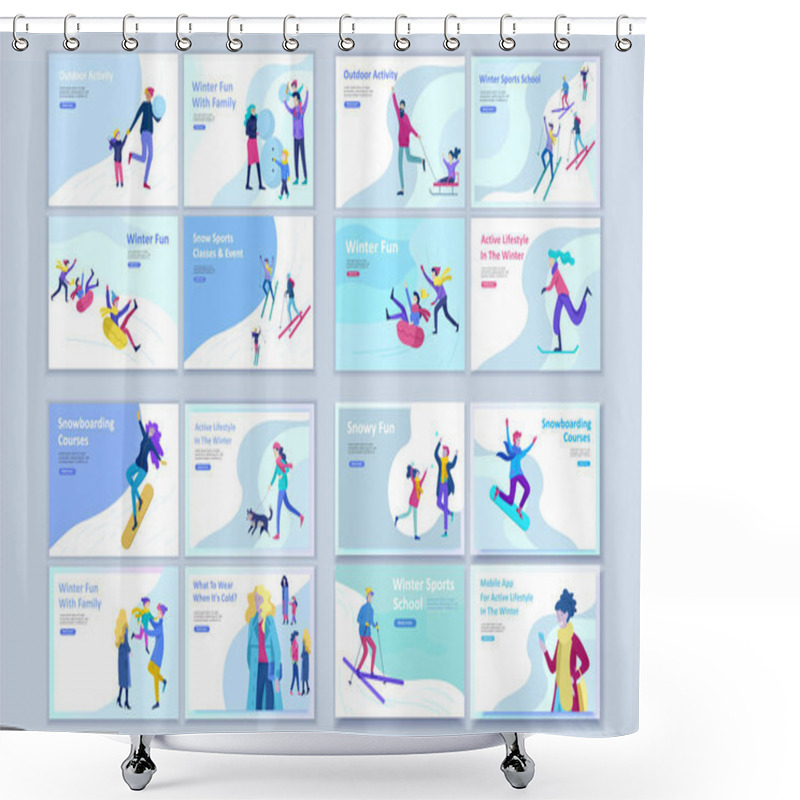 Personality  People Dressed In Winter Clothes Or Outerwear Performing Outdoor Activities Fun. Snow Festival, Sledding And Snowboard. Christmas Family Ski Skating, Making Snowman Shower Curtains