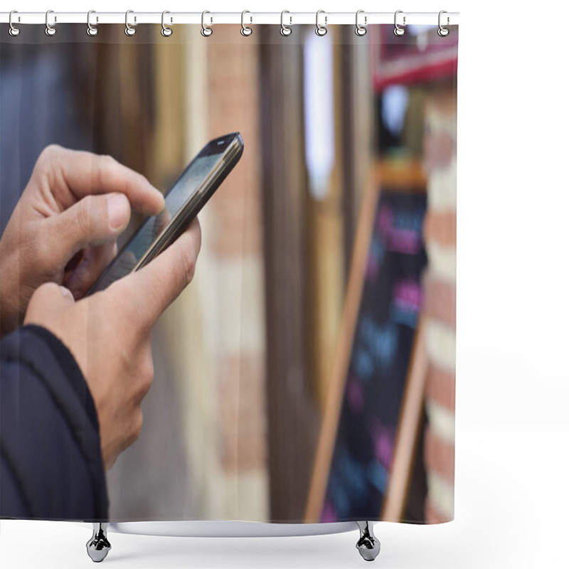 Personality  Man Using A Smartphone In Front Of A Restaurant Shower Curtains